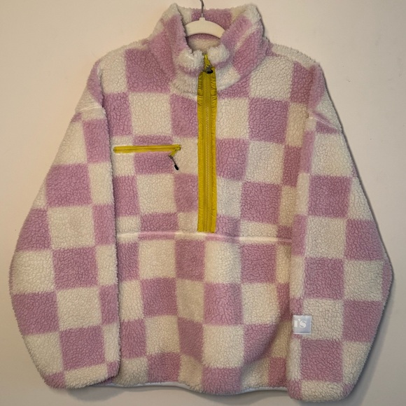 Levi's Pink and White Checkered Sherpa Pullover with Yellow Zip - Picture 2 of 9